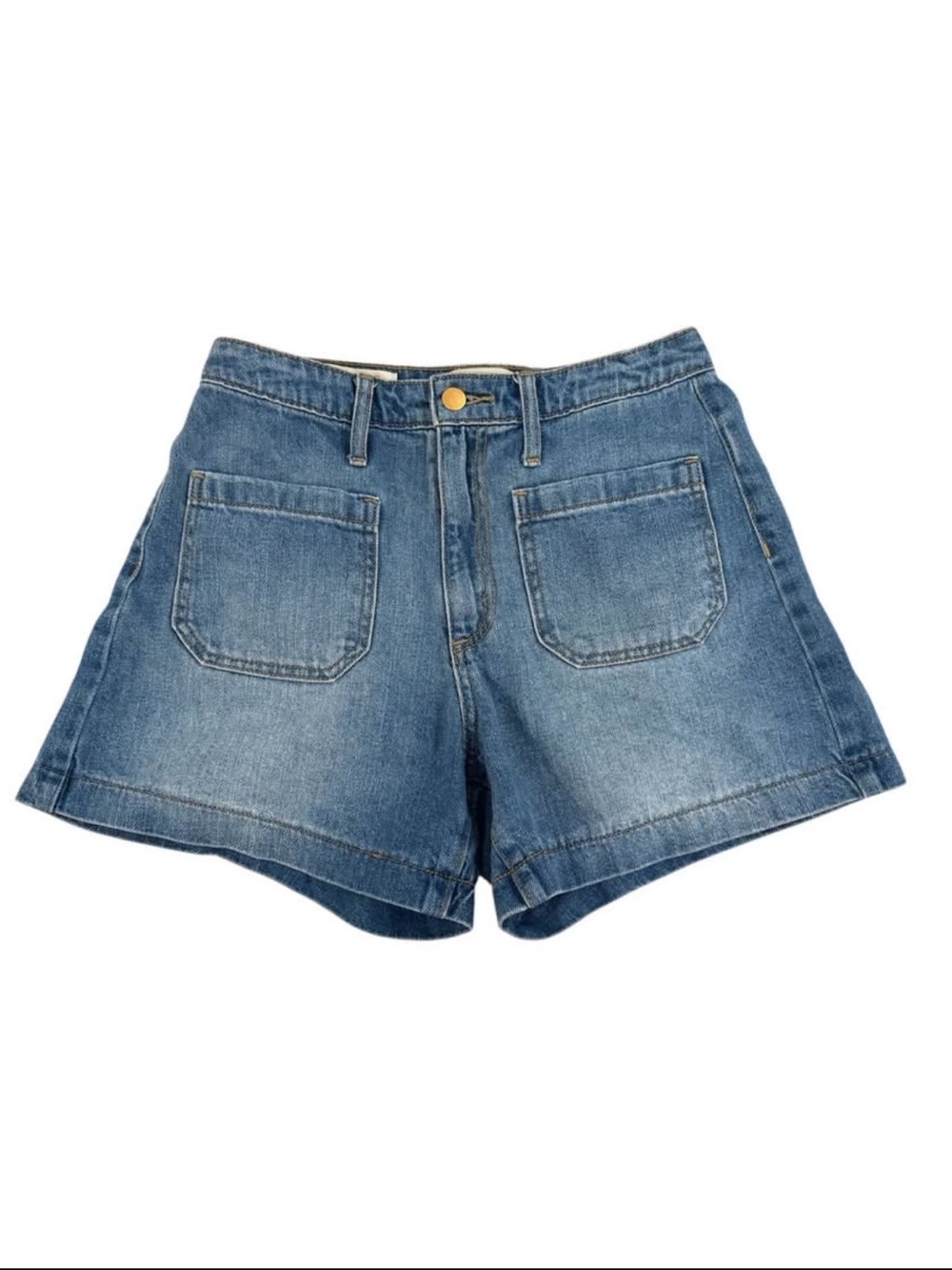 High-Rise Medium Blue Wash Utilitarian Jean Shorts Sz 4 Beach Travel 100% Cotton